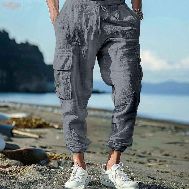 Linen Cargo Joggers with Drawstring for Men - Grey