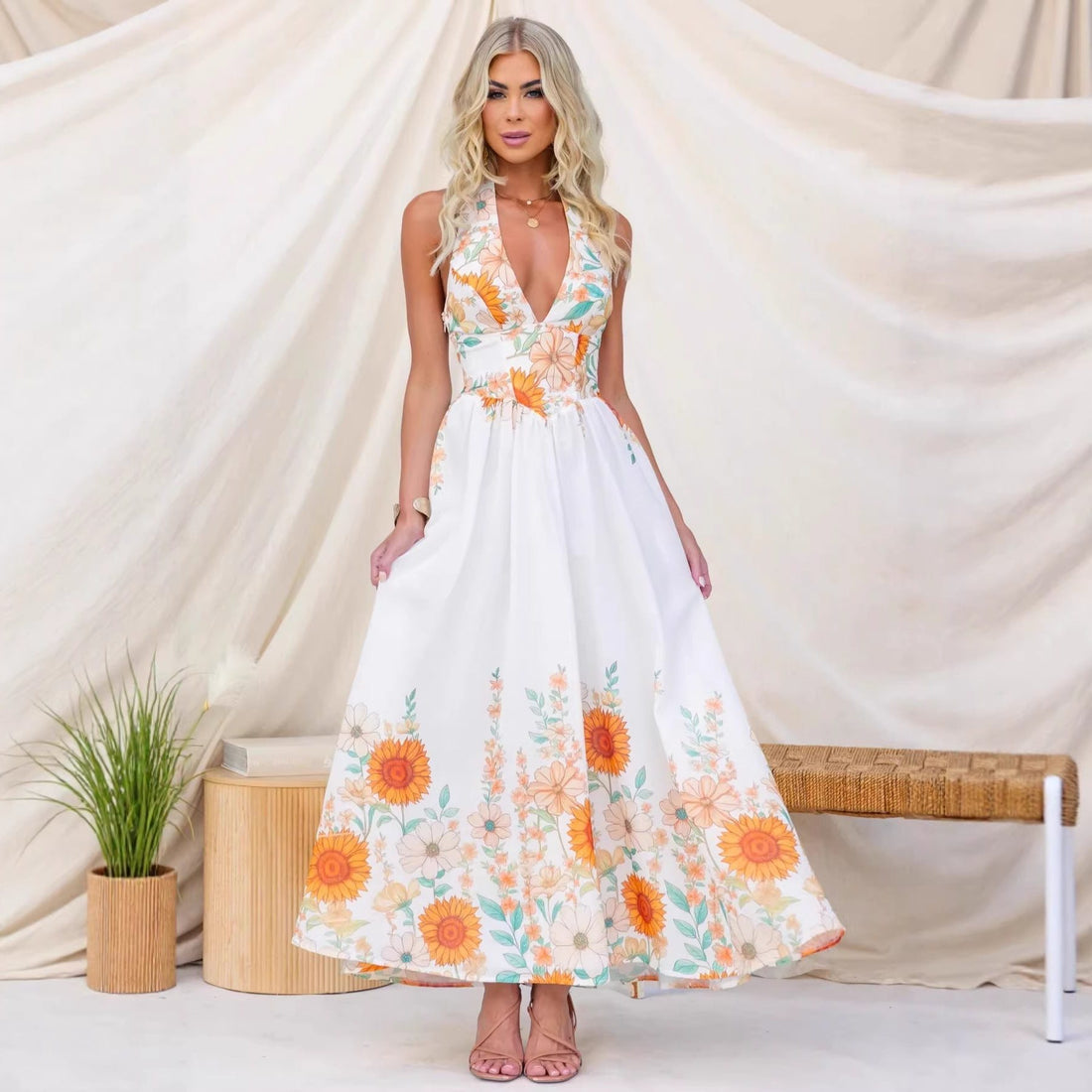 Deep V-Neck Wedding Guest Maxi Dress with Floral Print for Women - View 2