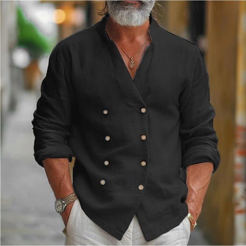 Double-Breasted Linen Shirt with Stand Collar for Men - Black