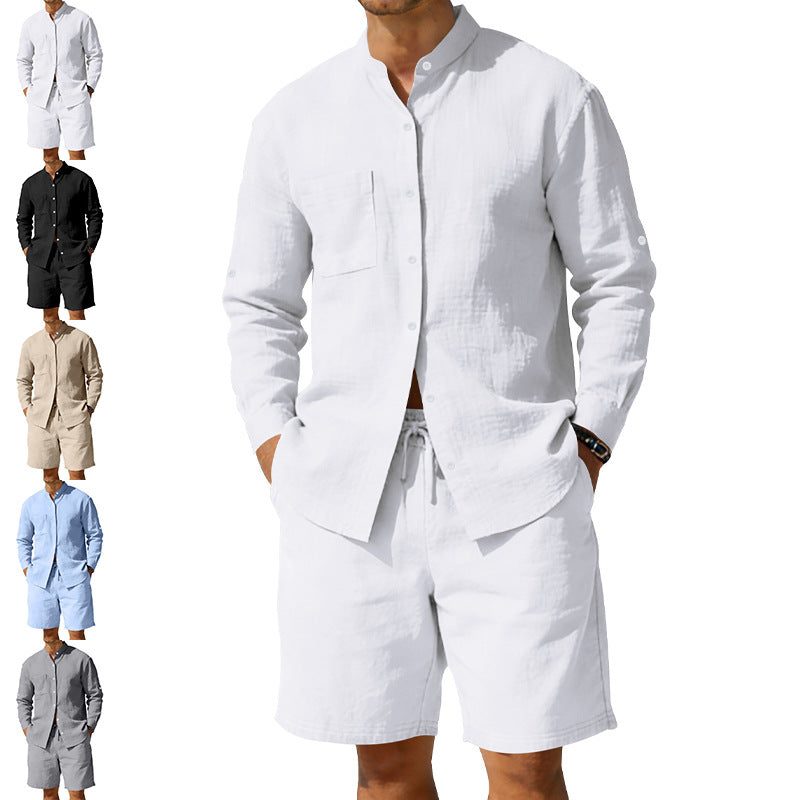 Linen Stand Collar Shirt and Drawstring Shorts Set for Men