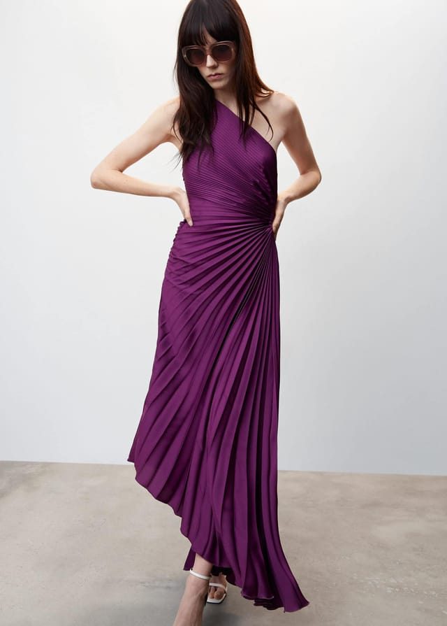 Halterneck Wedding Guest Pleated Maxi Dress for Women - Dark Purple