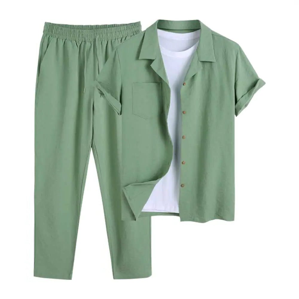 Linen Short Sleeve Shirt and Straight Leg Trousers Set for Men - Green