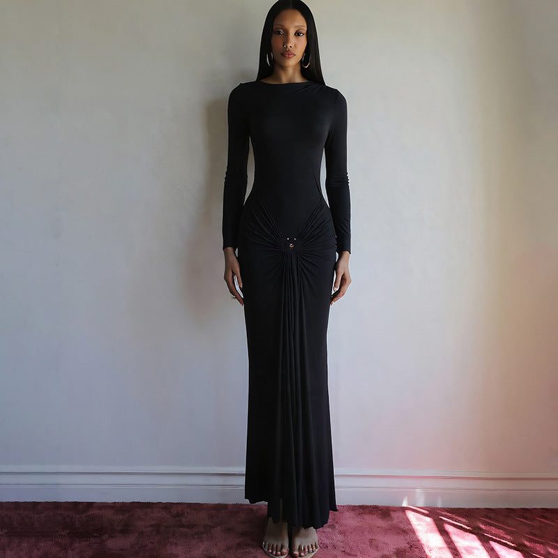 Long Sleeve Draped Waist Wedding Guest Maxi Dress for Women