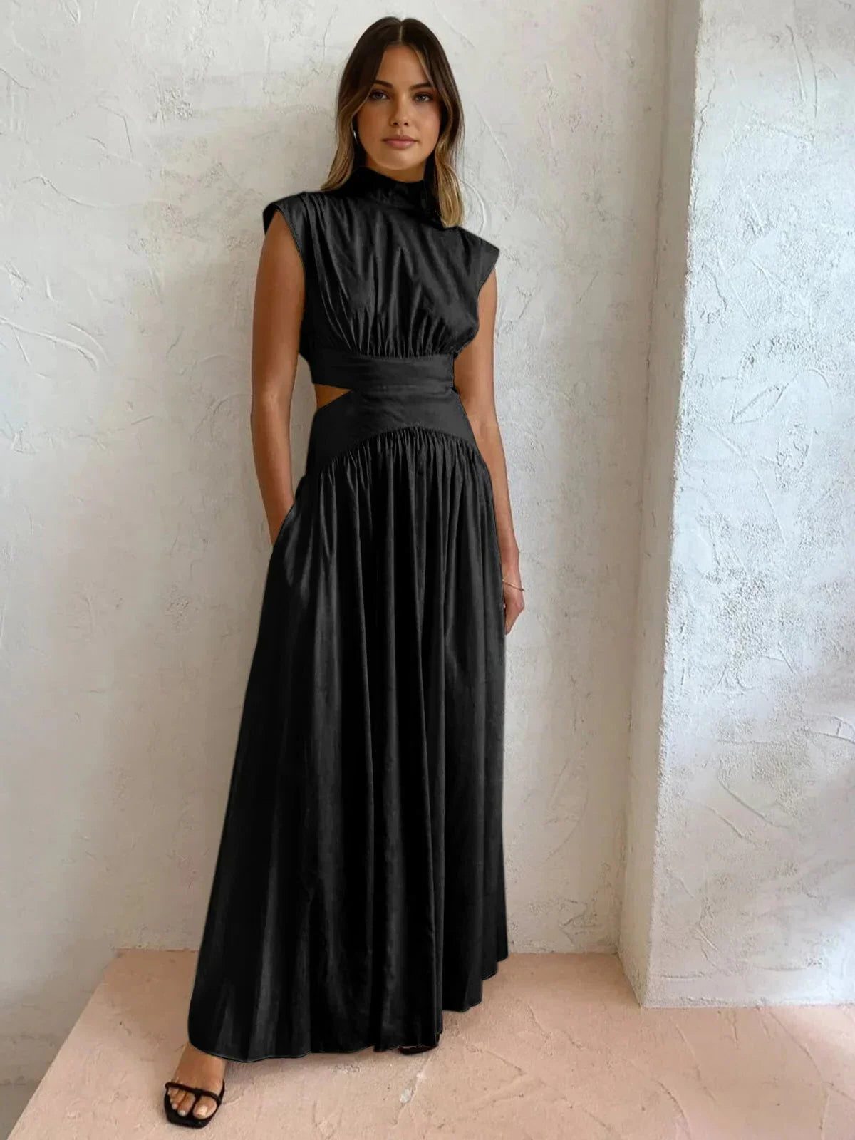 Stand Collar Cutout Wedding Guest Maxi Dress for Women - Black