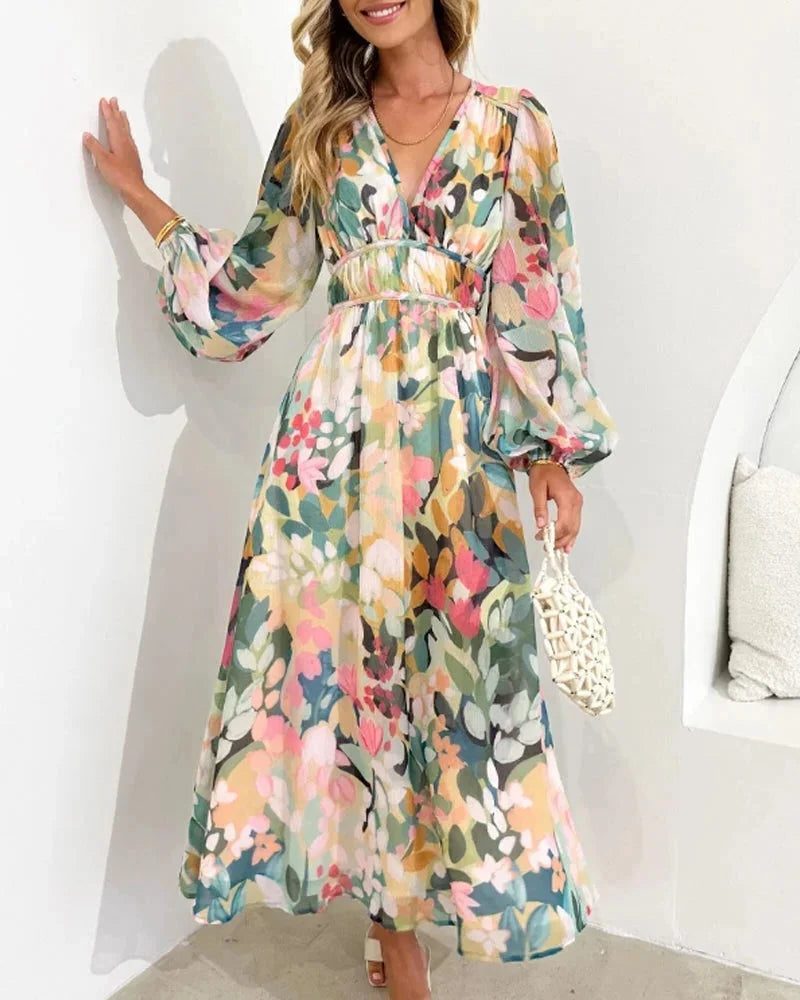 Floral V-Neck Long Sleeve Wedding Guest Maxi Dress for Women - View 6