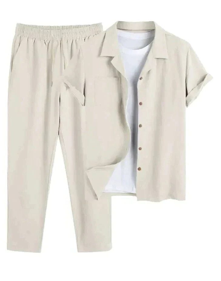Linen Short Sleeve Shirt and Straight Leg Trousers Set for Men - Light Yellow