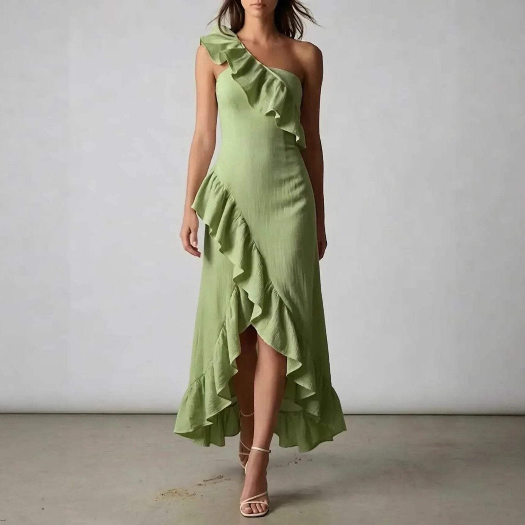 One-Shoulder Ruffle Midi Dress for Women - Green
