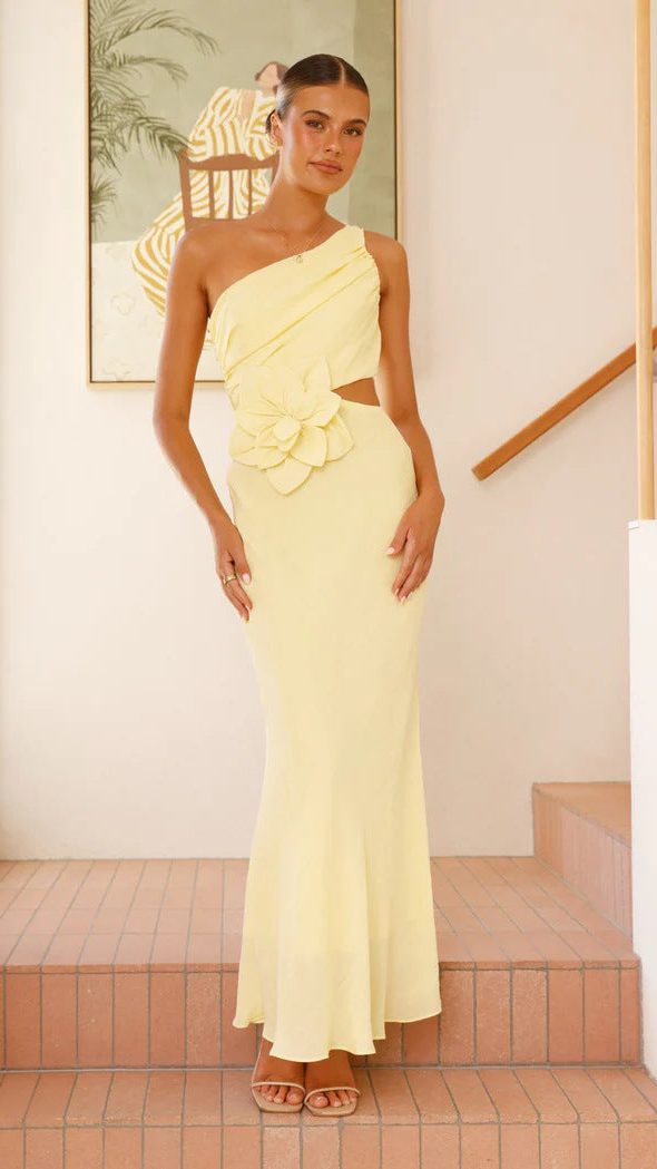 One-Shoulder Wedding Guest Maxi Dress with Floral Detail for Women - Yellow