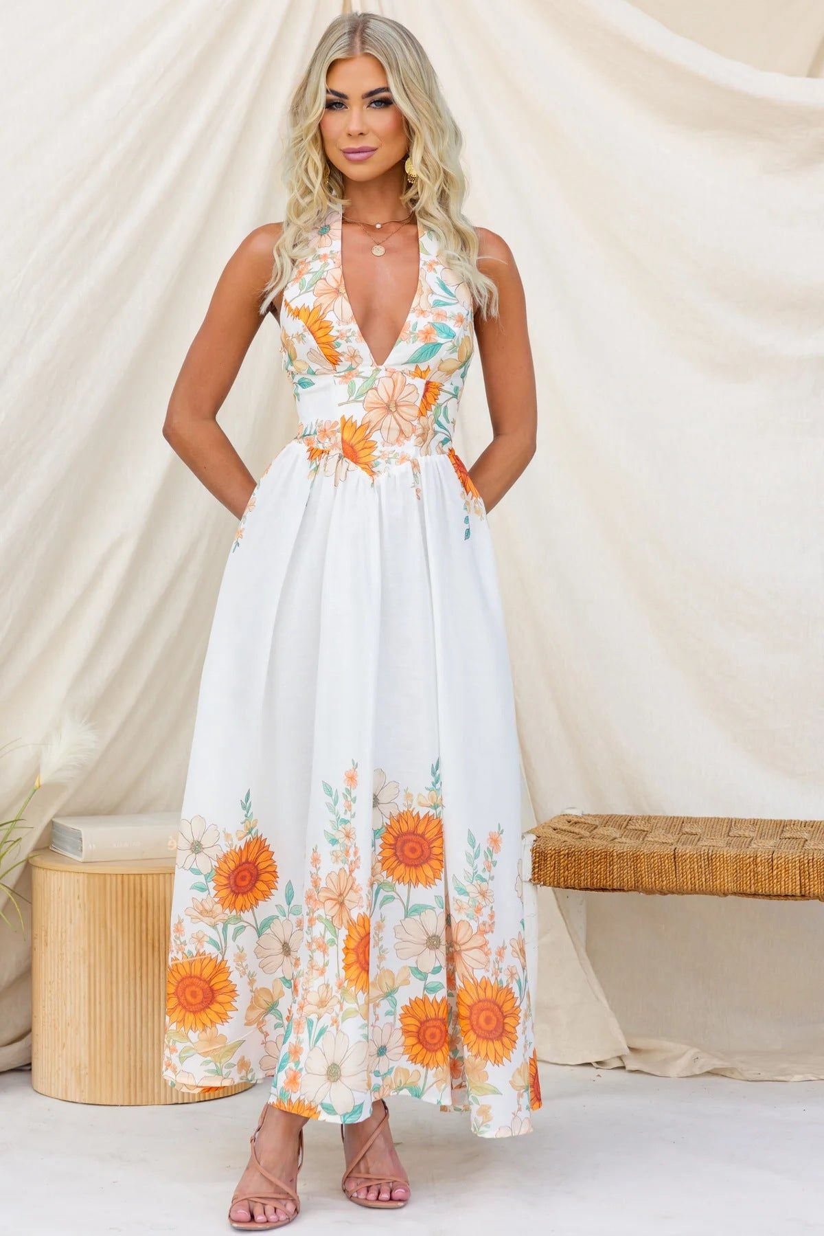 Deep V-Neck Wedding Guest Maxi Dress with Floral Print for Women - White