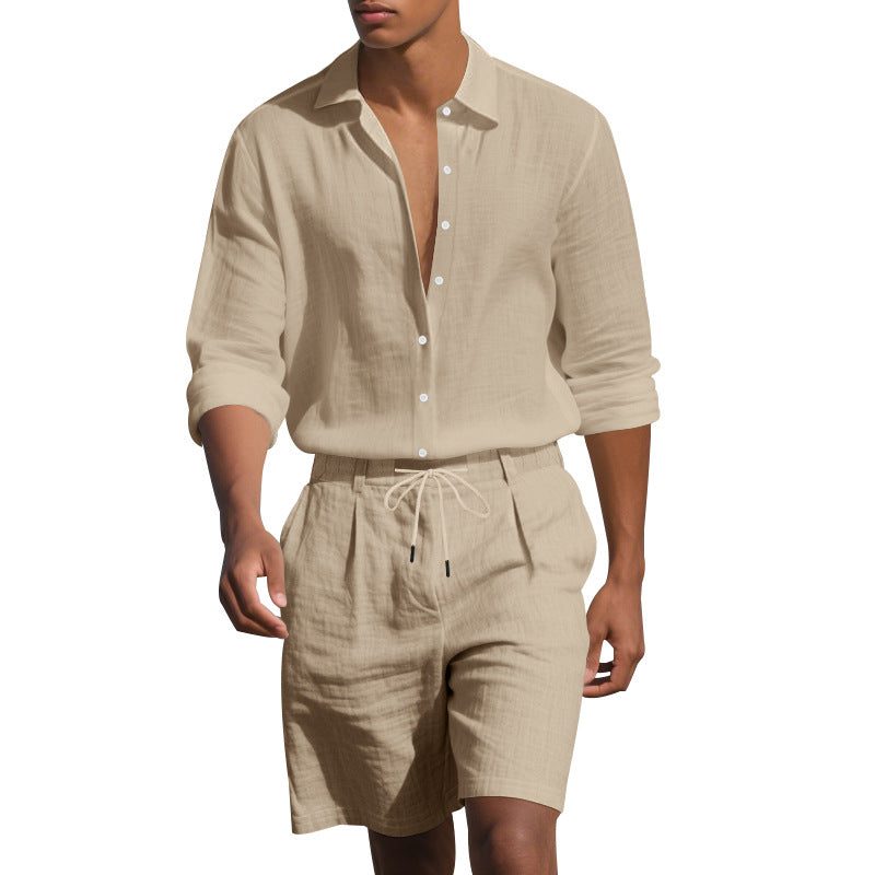 Linen Revere Collar Shirt with Drawstring Shorts Set for Men
