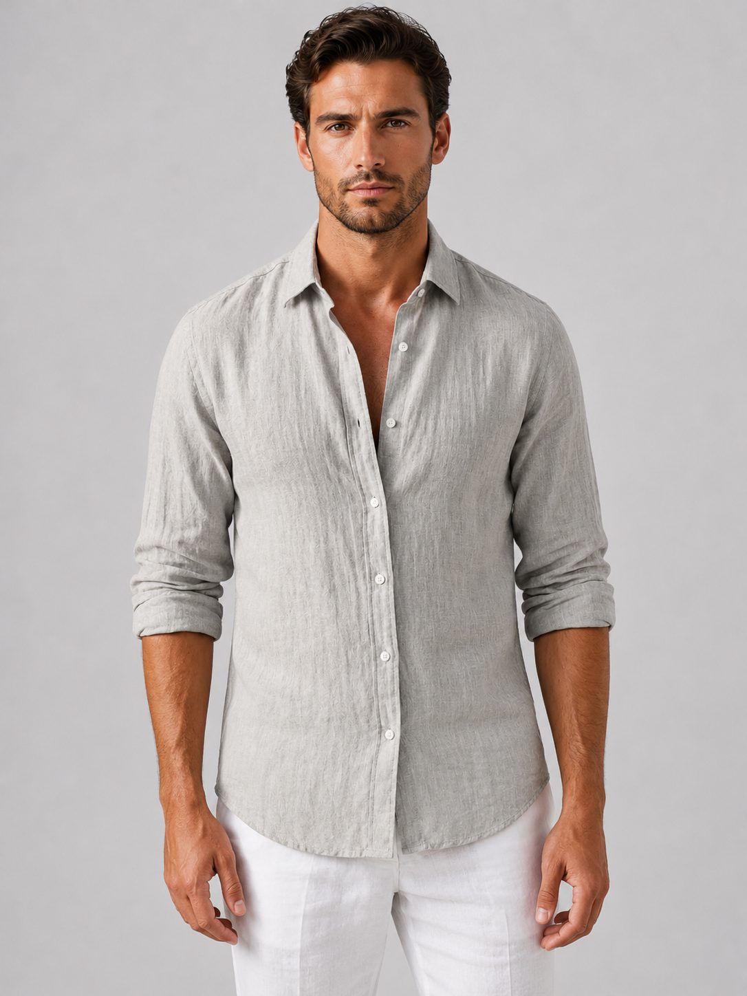 Linen Look Relaxed Fit Button-Up Shirt for Men - Grey