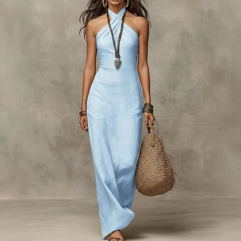 Halterneck Maxi Linen Dress for Women - Sky Blue
