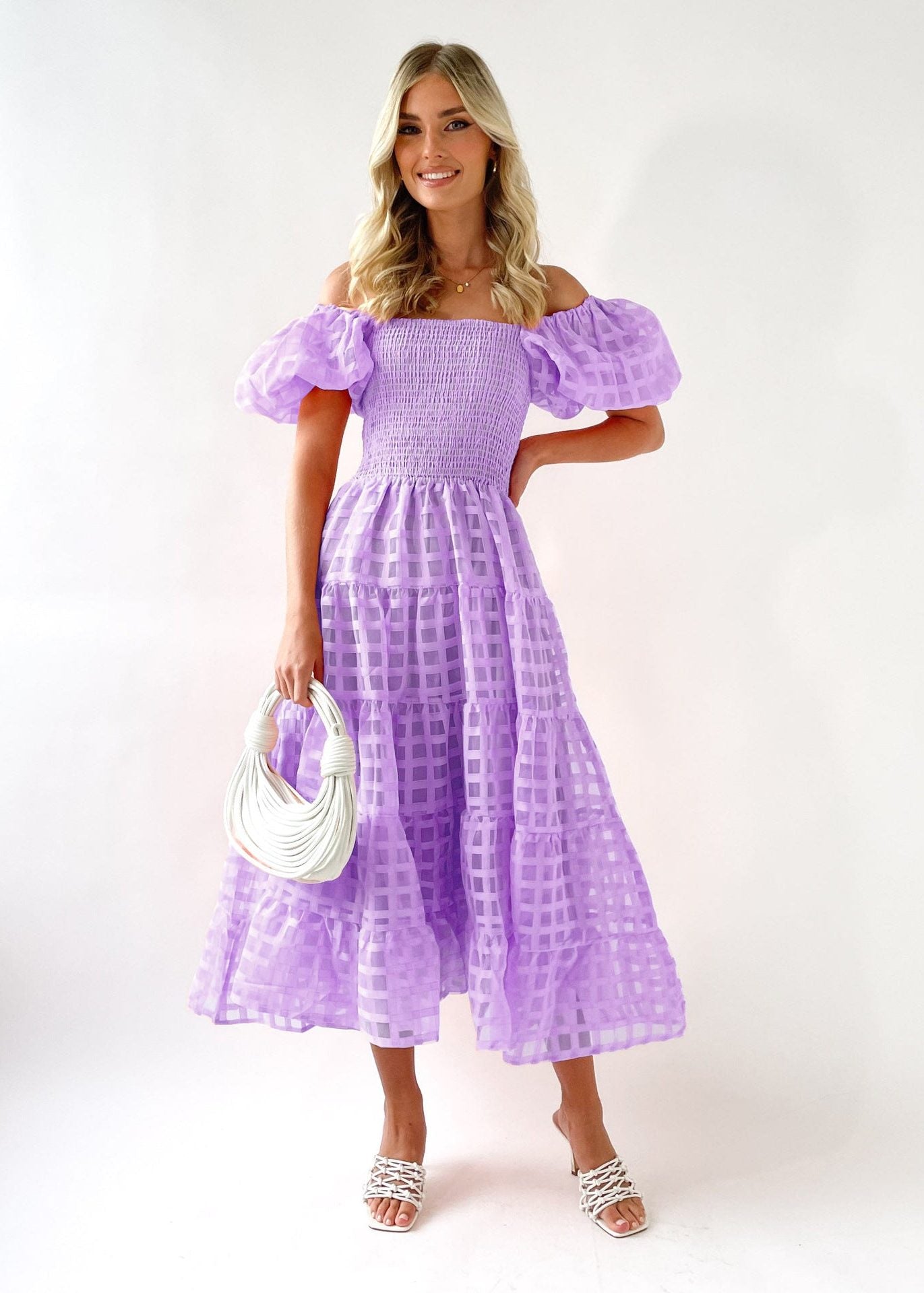 Puff Sleeve A-Line Wedding Guest Maxi Dress for Women - Light violet