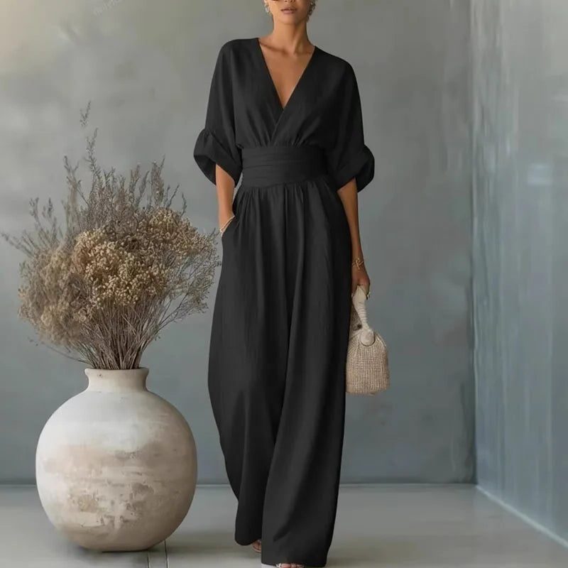 V-Neck Wide Leg Jumpsuit for Women - Black