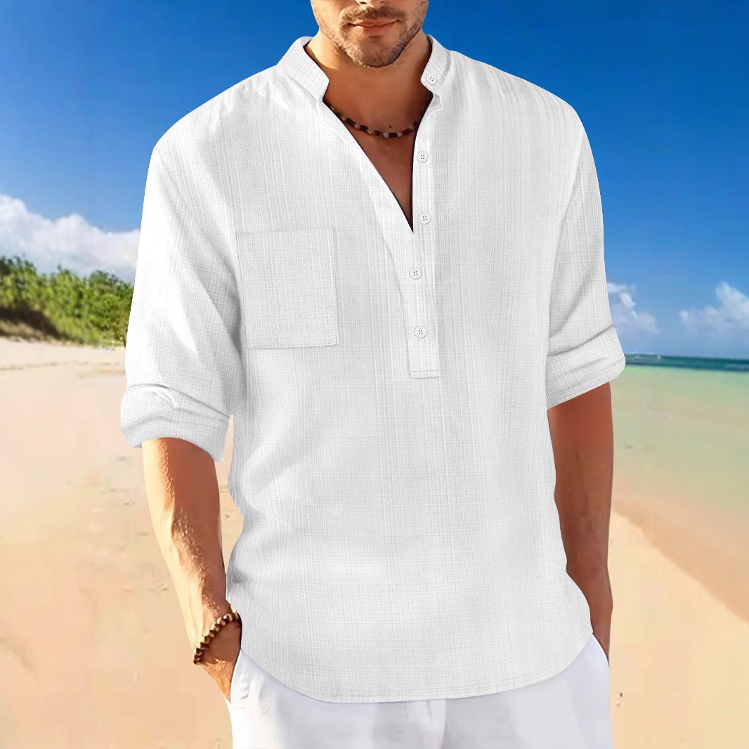Linen Stand Collar Short Sleeve Shirt for Men - View 3