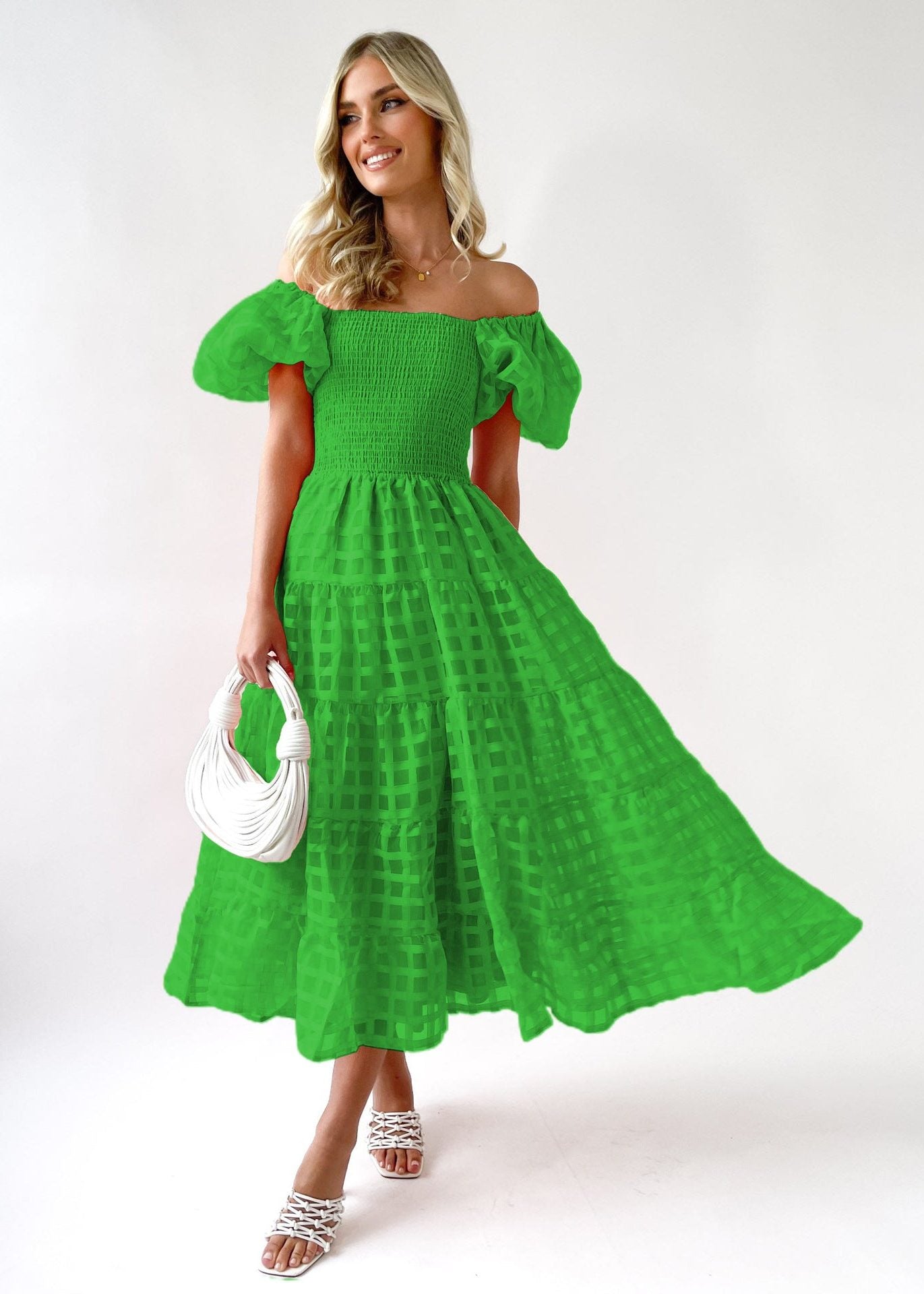 Puff Sleeve A-Line Wedding Guest Maxi Dress for Women - Green