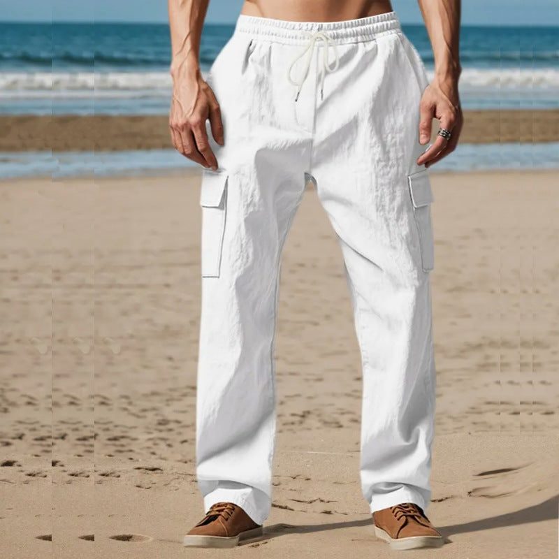 Linen Cargo Trousers with Straight Leg for Men - White