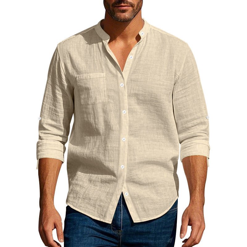 Linen Long Sleeve Shirt with Breast Pocket for Men - Beige