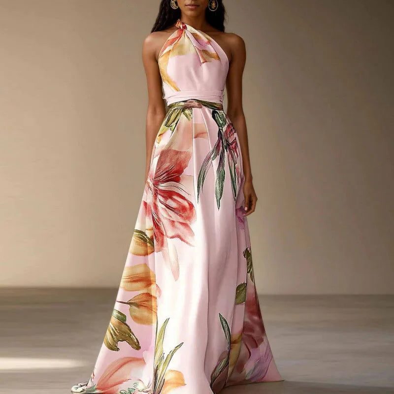 Halter Neck Floral Maxi Dress for Women - Pink