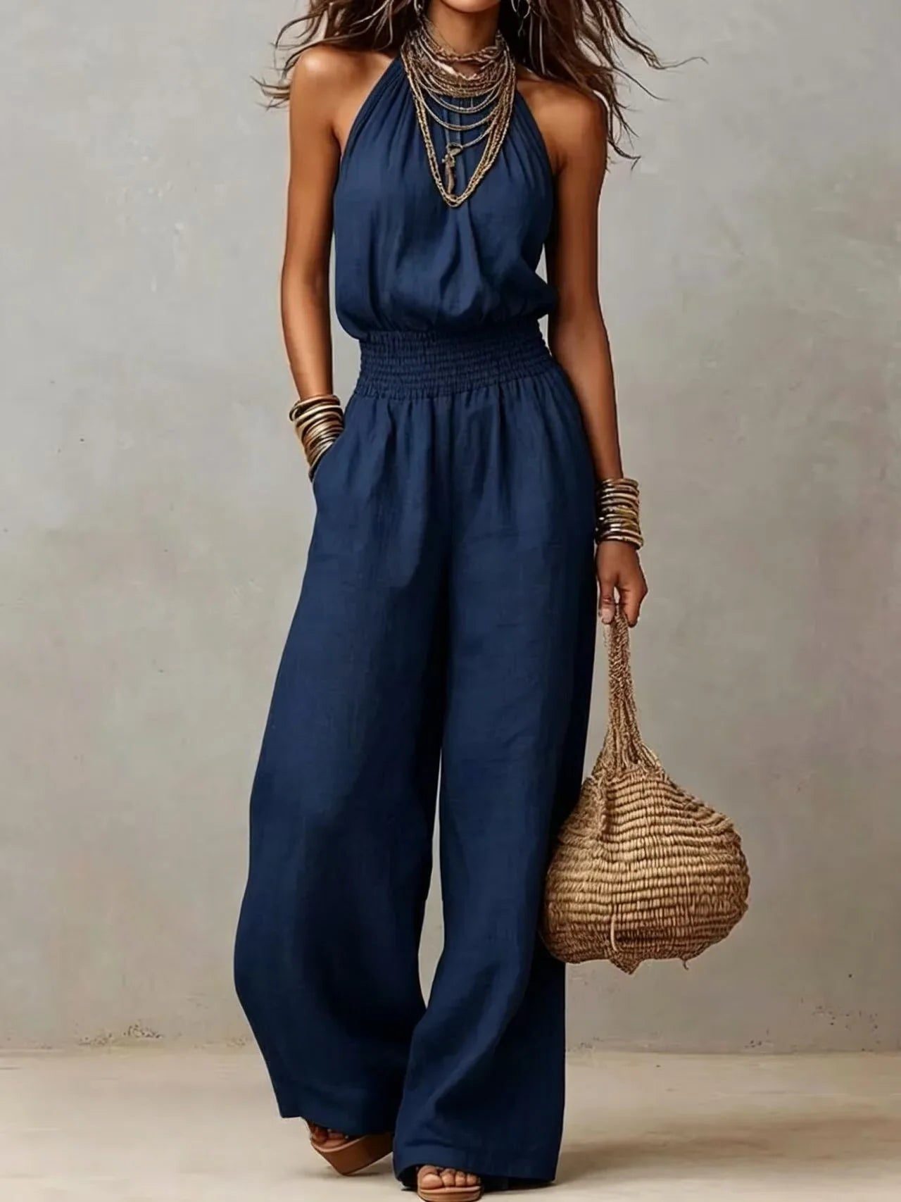 Wide Leg Halterneck Jumpsuit for Women - Dark Blue