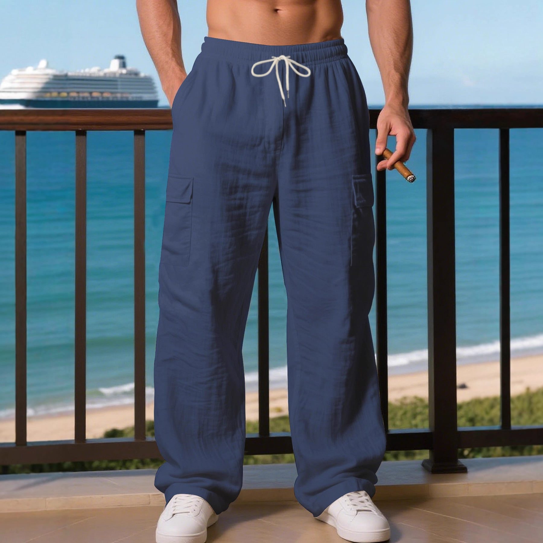 Linen Cargo Trousers with Drawstring Waist for Men - View 3