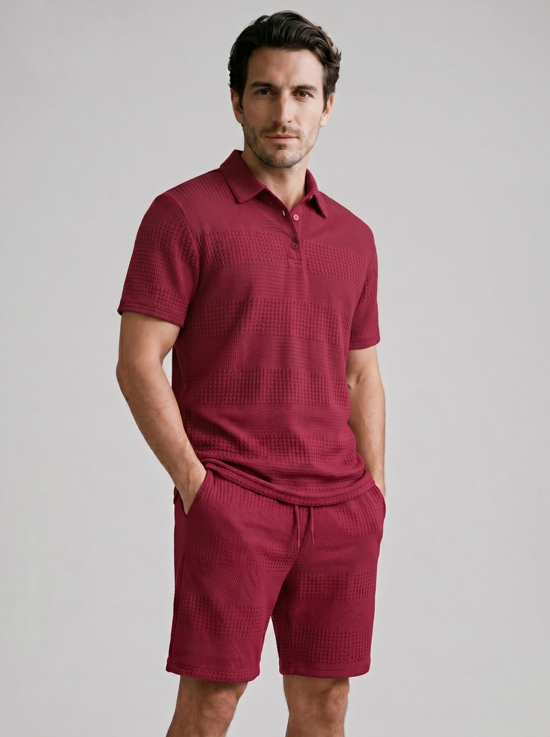 Textured Knit Polo Shirt and Shorts Set for Men - Red
