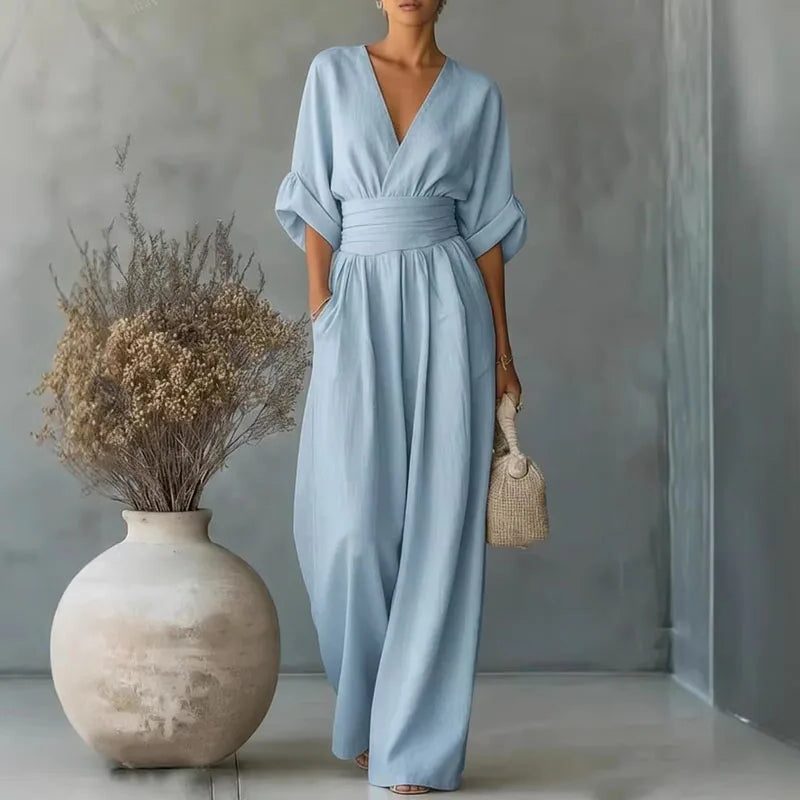 V-Neck Wide Leg Jumpsuit for Women - Sky Blue