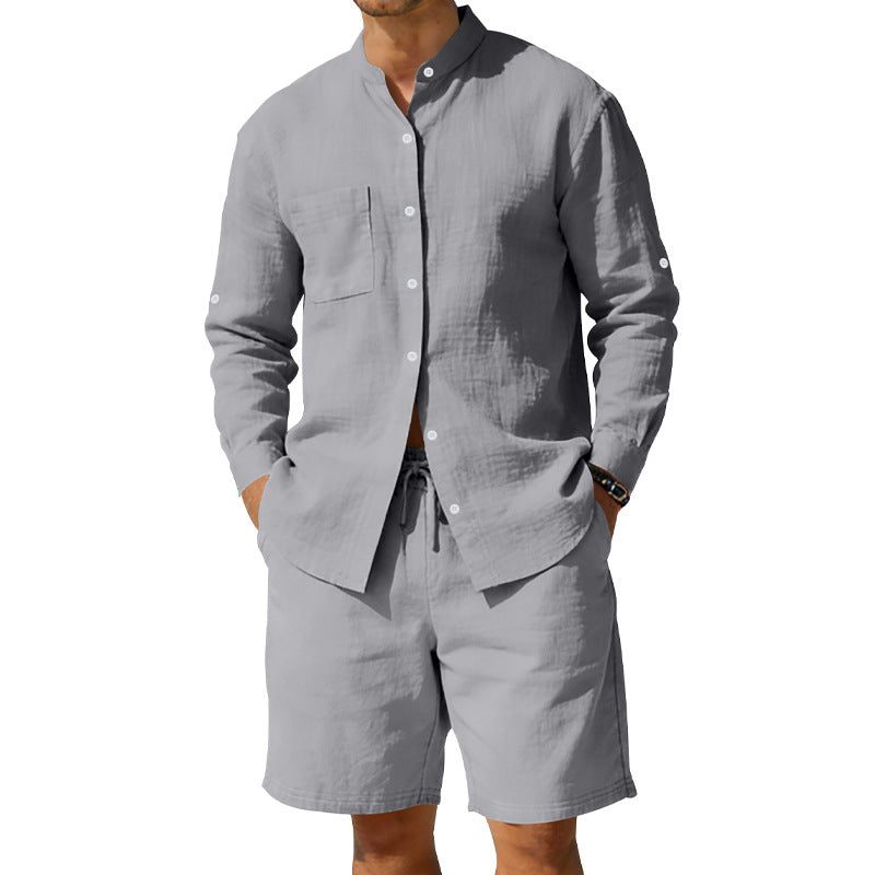 Linen Stand Collar Shirt and Drawstring Shorts Set for Men - View 5