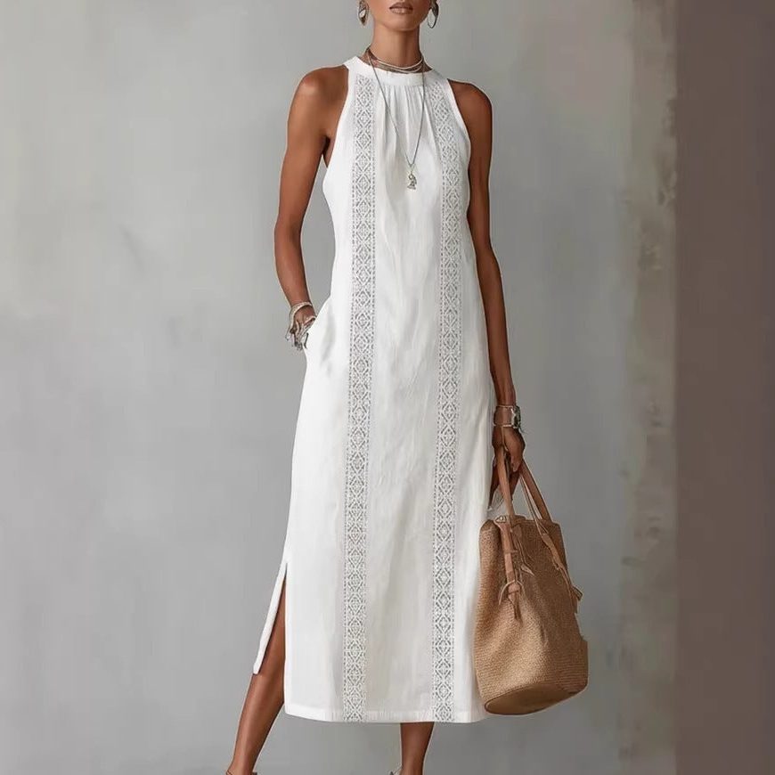 Lace Appliqué Wedding Guest Maxi Dress with Side Slit for Women