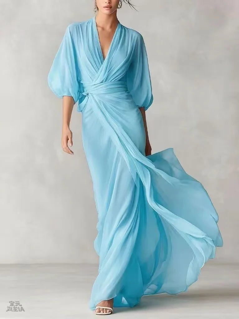 V-Neck Chiffon Maxi Wrap Dress for Women - Sky Blue