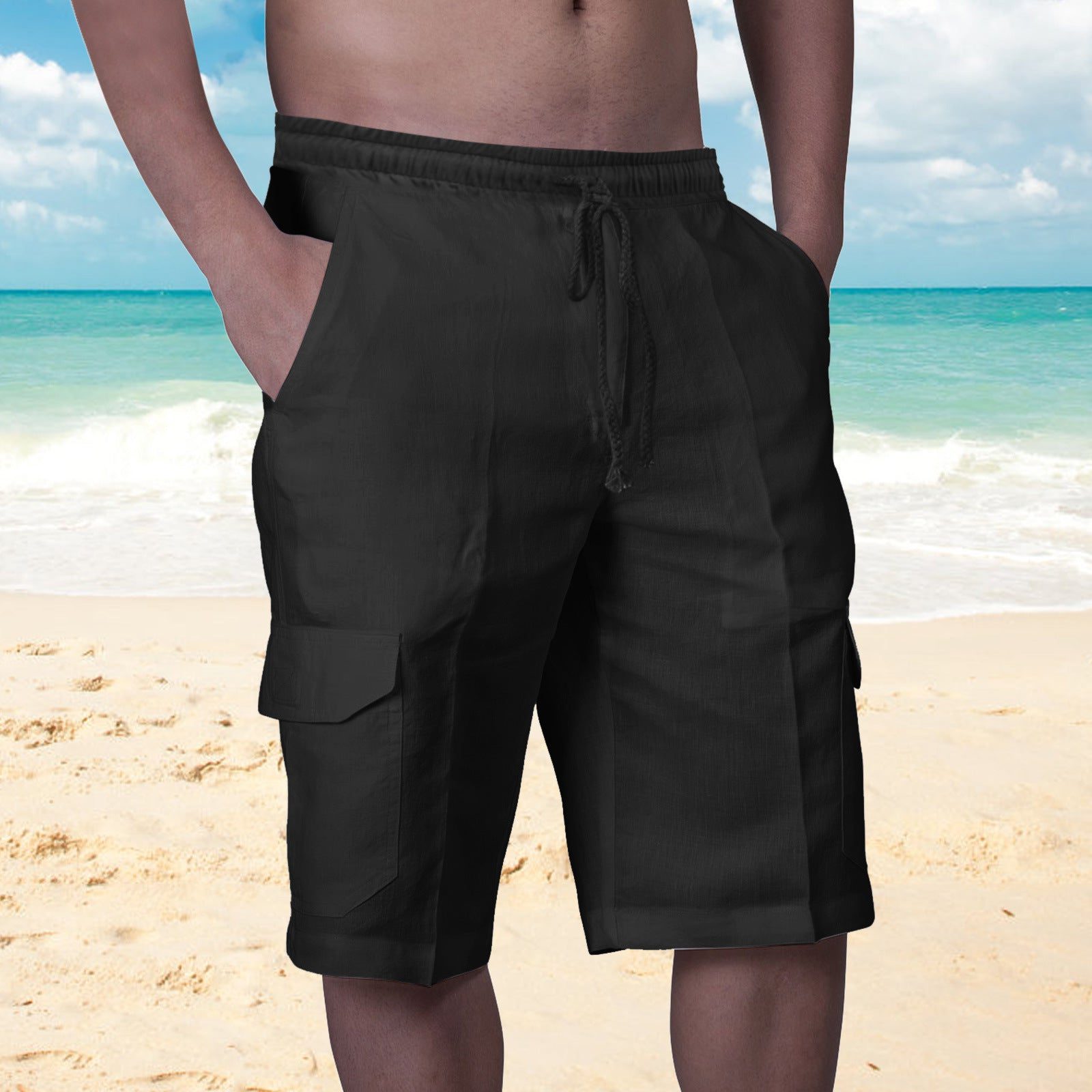 Linen Cargo Shorts with Welt Pockets for Men - Black