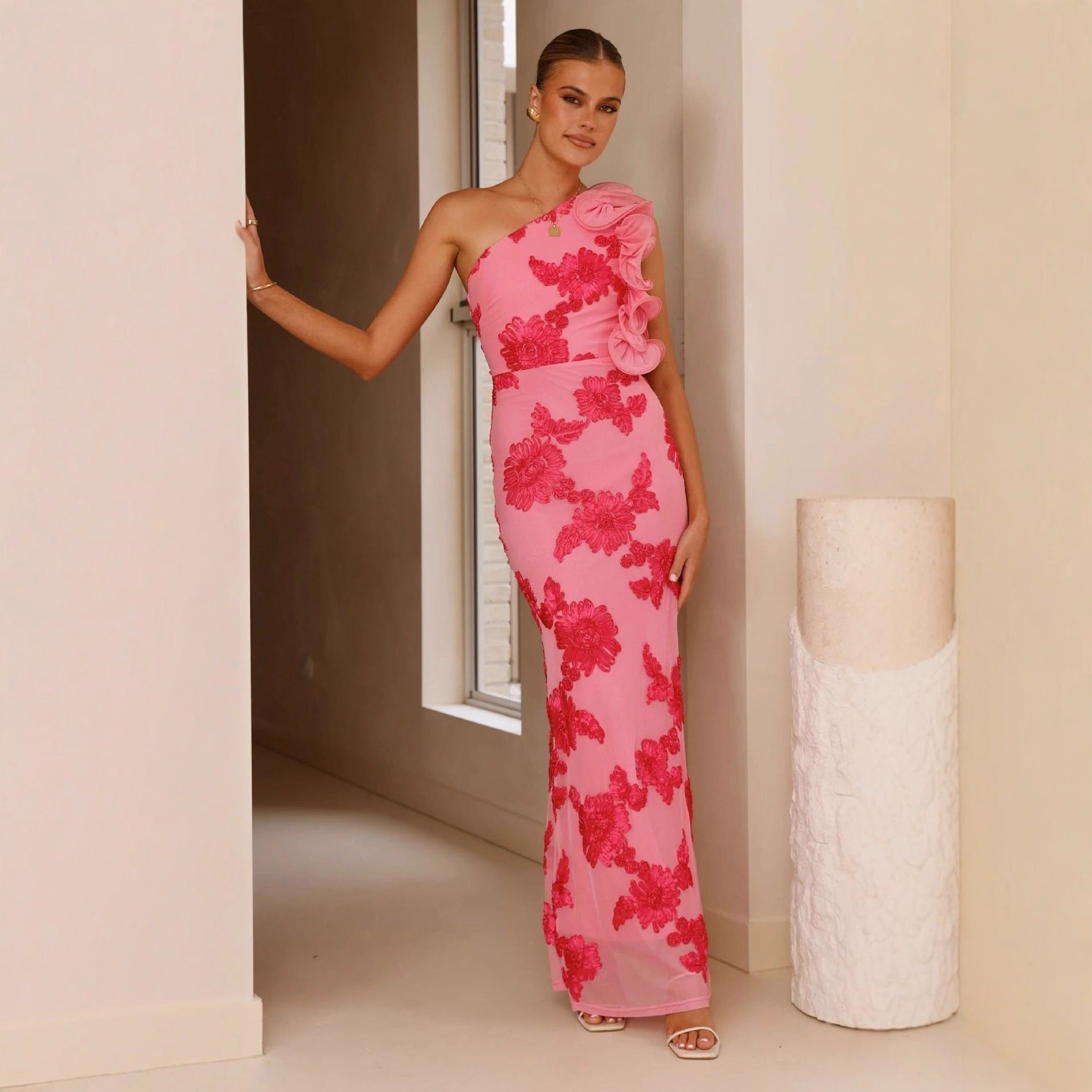 Asymmetrical One-Shoulder Wedding Guest Maxi Dress for Women - Pink