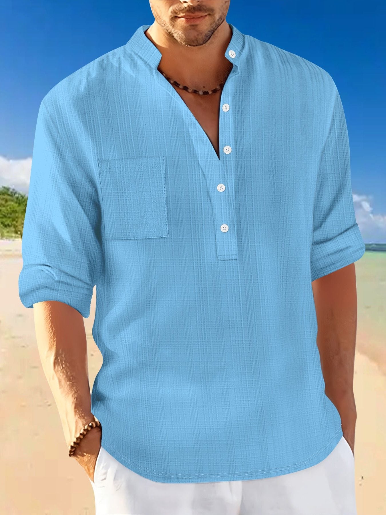 Linen Stand Collar Short Sleeve Shirt for Men - Sky Blue