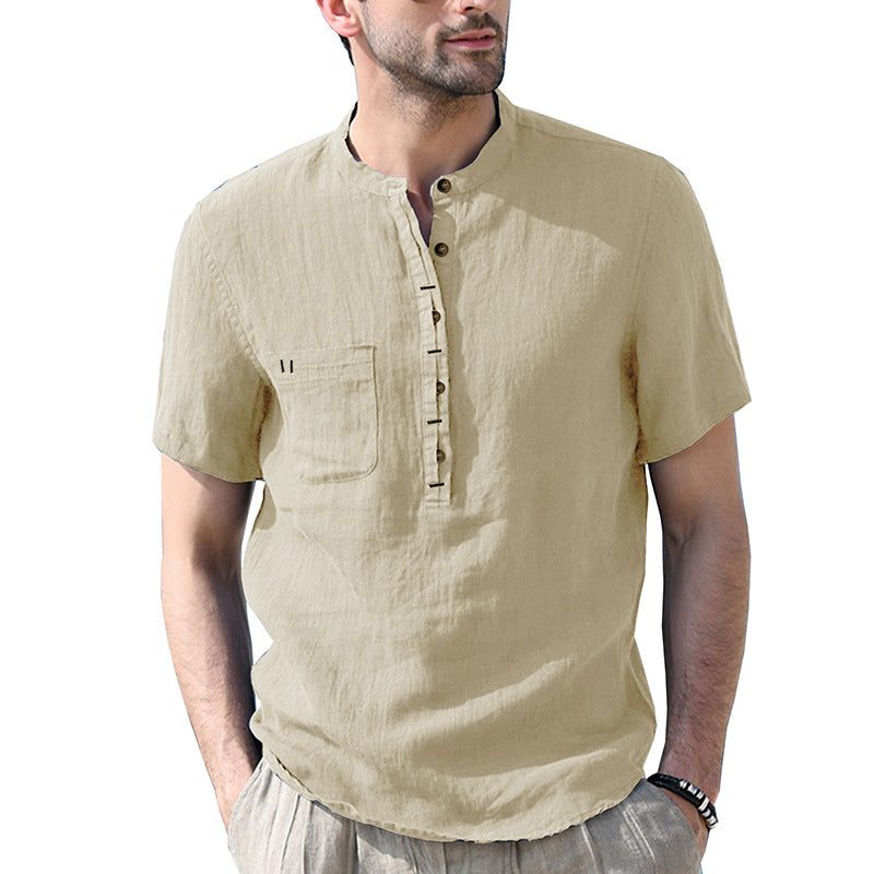 Linen Short Sleeve Henley Shirt for Men - Apricot
