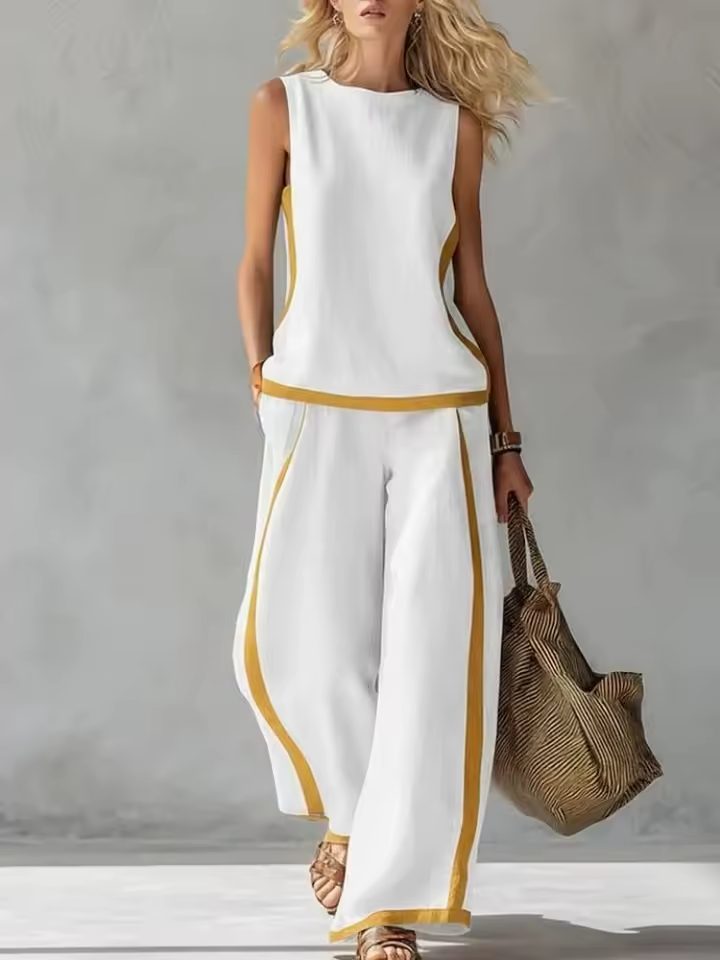 Sleeveless Wide Leg Linen Set for Women - White
