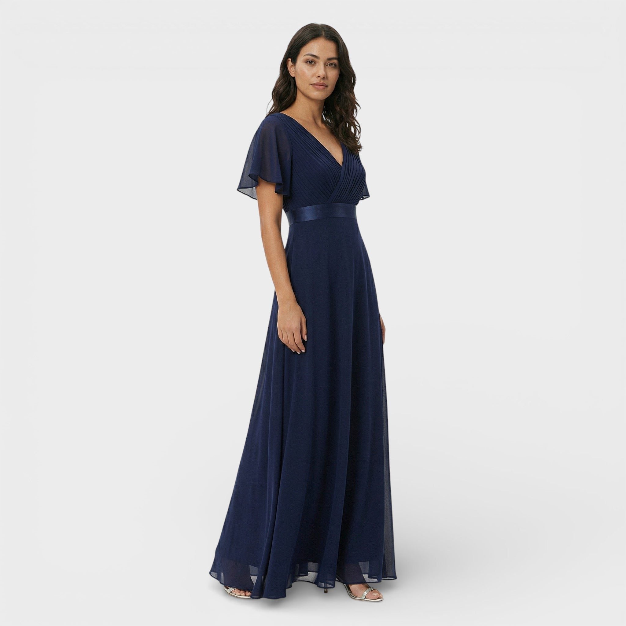 V-Neck Pleated Wedding Guest Maxi Dress for Women - Navy Blue