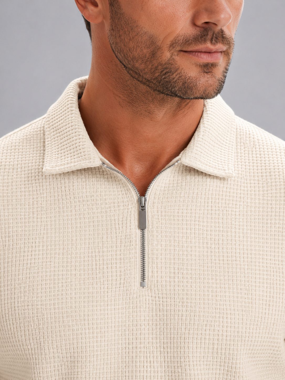 Ribbed Knit Zip Polo Shorts Set for Men - View 2