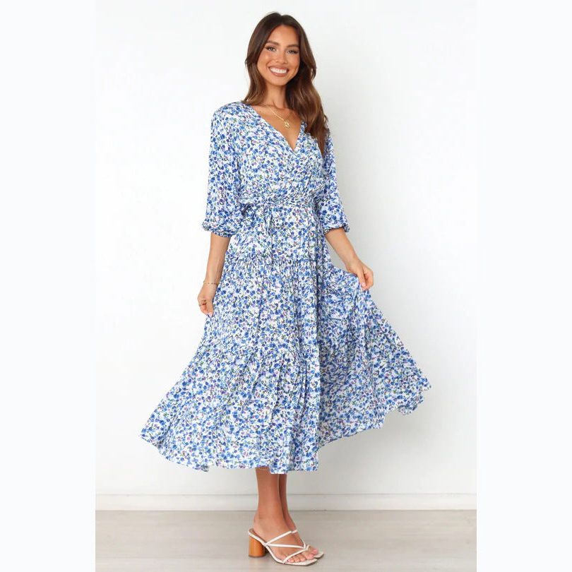 Floral V-Neck Wedding Guest Maxi Dress for Women - Blue