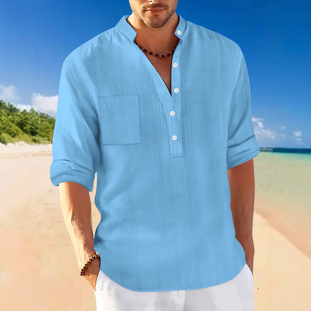 Linen Stand Collar Short Sleeve Shirt for Men
