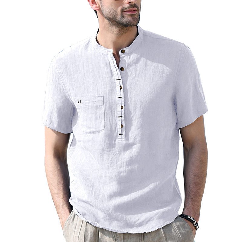 Linen Short Sleeve Henley Shirt for Men - White