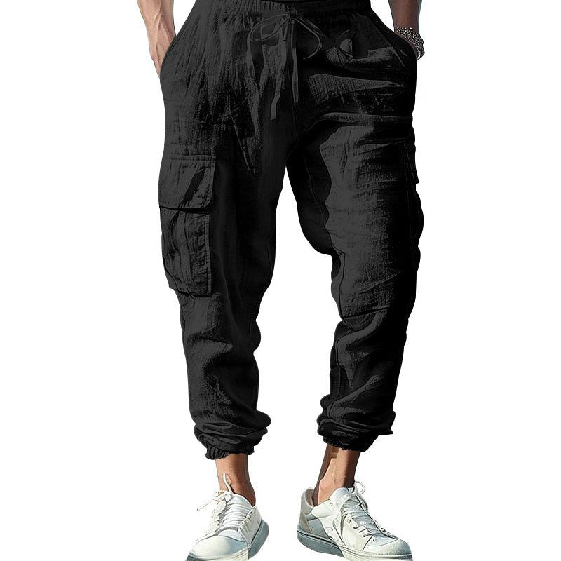 Linen Cargo Joggers with Drawstring for Men - View 3