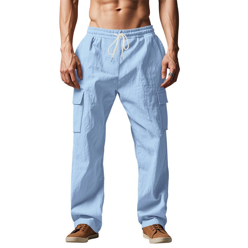 Linen Cargo Trousers with Side Pockets for Men - Light Blue