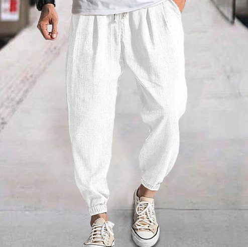 Linen Cargo Tapered Trousers for Men - White