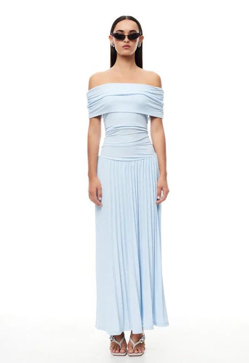 Off-Shoulder Pleated Wedding Guest Maxi Dress for Women - Sky Blue