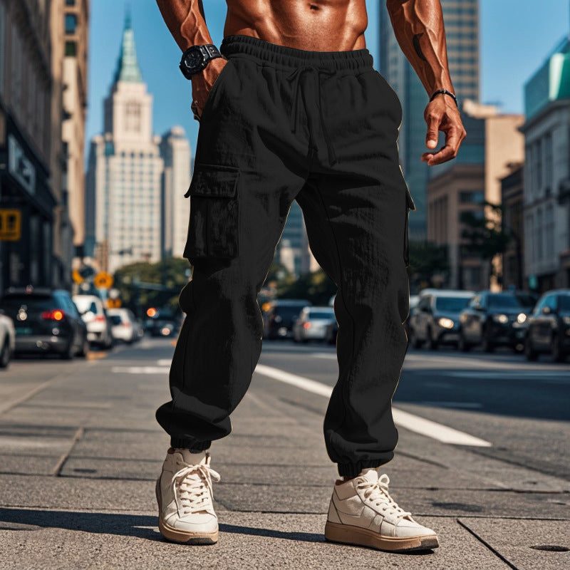 Linen Cargo Jogger Trousers for Men - Black