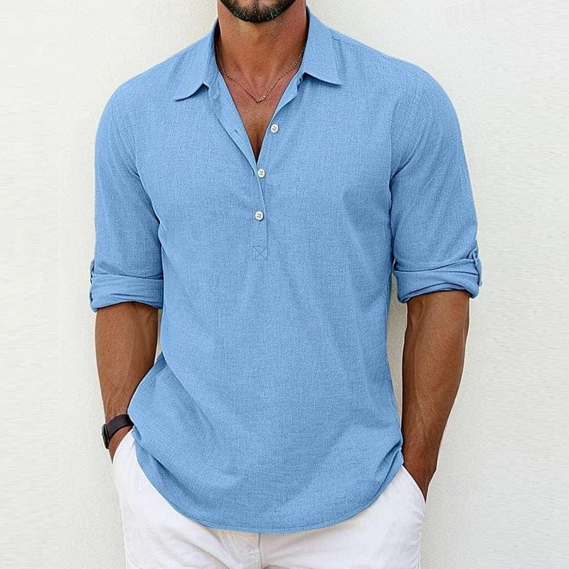 Linen Polo Shirt with Collar and Button Closure for Men - Blue
