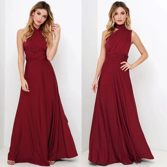 Halter Neck Wedding Guest Maxi Dress for Women - Burgundy