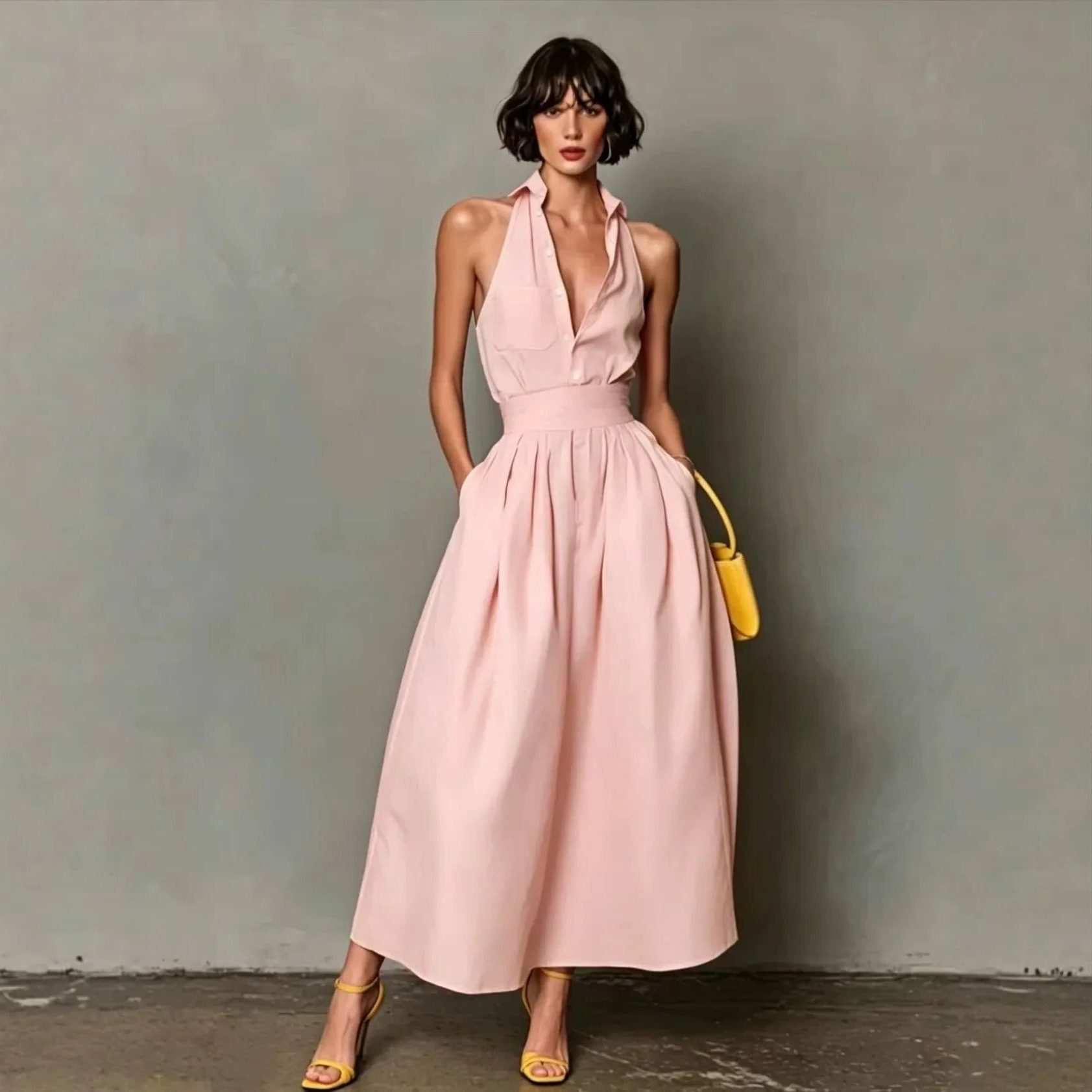 Halterneck A-Line Midi Dress for Women - Pink