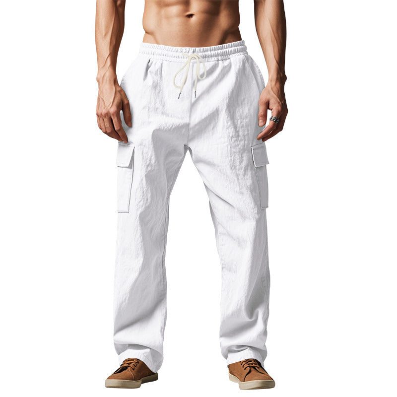 Linen Cargo Trousers with Side Pockets for Men - White