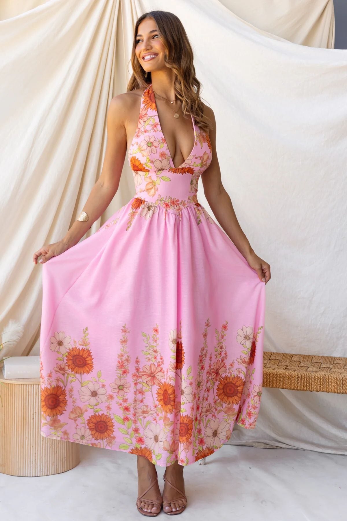 Deep V-Neck Wedding Guest Maxi Dress with Floral Print for Women - Pink